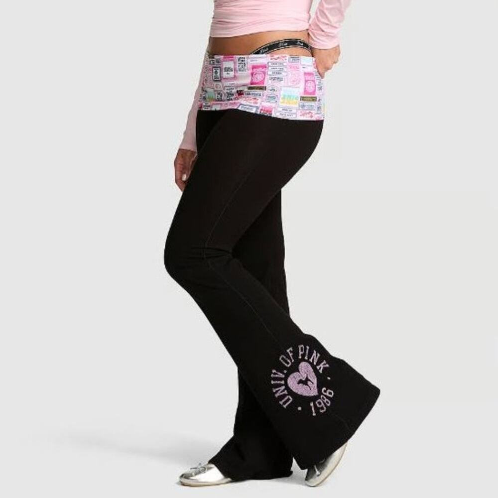 Victoria's Secret PINK Friday Black Cotton Foldover Flare Leggings Medium Short